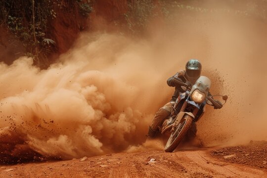 Motorcyclist competing in race at Dambri waterfall speeding on red soil with dust