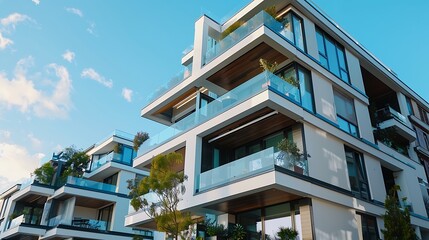 Obraz premium Modern apartment building with balconies and glass windows showcasing contemporary urban living design for residential architecture elegance and metropolitan lifestyle concept.
