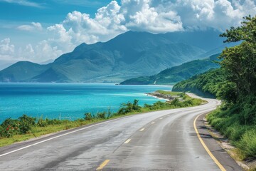 Mountain and sea with asphalt road in natural setting