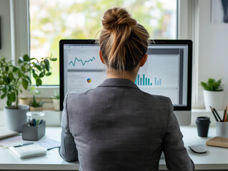 A woman with her back facing the camera, analyzing graphs on a computer screen in a home office, capturing a moment of focus and productivity in data analysis.