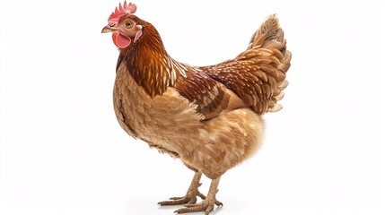 1. Young brown hen standing proudly with feathers fluffed, isolated against a crisp white background, showing intricate feather details and alert posture