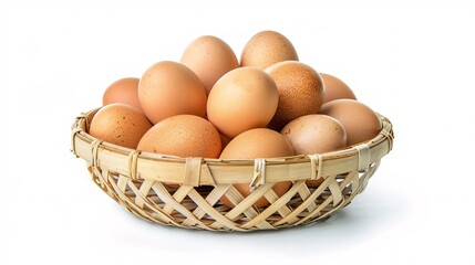 3. Detailed view of a woven bamboo basket filled with fresh chicken eggs, isolated on white with clipping path, showing the basket's craftsmanship and the eggs' natural appearance