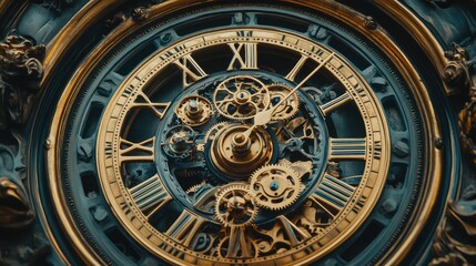 Fototapeta premium Image of a mechanical clock with moving gears and pendulums, capturing the constant, rhythmic motion of perpetual motion.