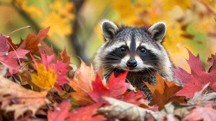 Fototapeta premium A playful raccoon with a mischievous grin peeks out from behind a pile of colorful autumn leaves, blending in with the vibrant background of fall foliage.