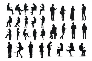 Man and Women Silhouette Bundle Set. people silhouette, Silhouette of sitting, standing, talking, working people 
