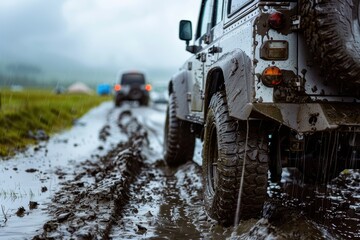 Muddy off road conditions on a rainy day