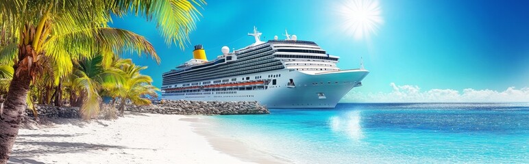 Cruise Ship Docked at Beach Surrounded by Palm Trees and Clear Blue Water, Capturing a Dream Vacation Adventure