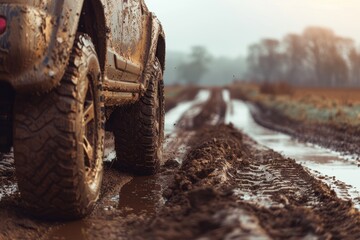 Muddy SUV on rural dirt road off road adventure
