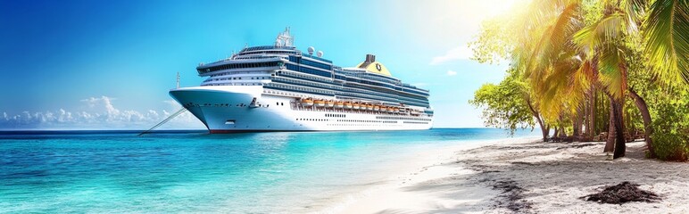 Cruise Ship Docked at Beach Surrounded by Palm Trees and Clear Blue Water, Capturing a Dream Vacation Adventure