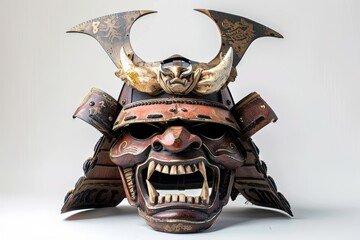 Multi colored devil samurai mask in Bushido style using leather metal and bone isolated in a full shot