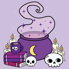 Halloween Witch Cauldron with Skulls, Spell Books, and Candles - Cute Spooky Decor hand drawn Clipart Illustration for Witchcraft, Gothic, Mystical, and Enchanted Aesthetic Art