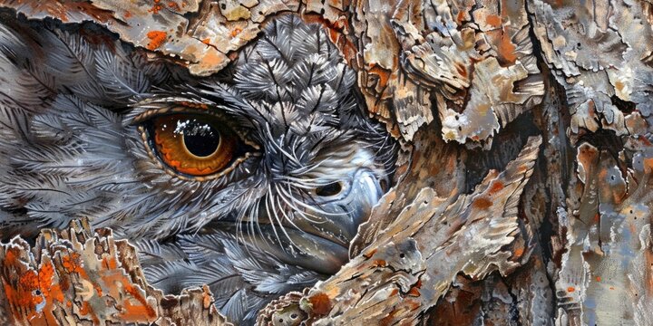 The feathers of the tawny frogmouth are variably patterned in gray, white, black, and rufous hues, allowing them to blend seamlessly with inert tree branches, accentuated by their vivid yellow eyes.