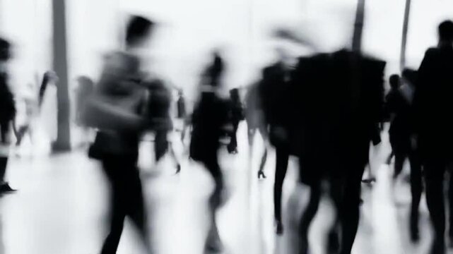 Black and white blurred motion image of business professionals standing and walking in a lobby