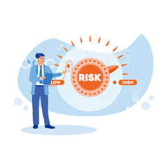 Young businessman with a stethoscope. Analyze risk management on screen. Business analysis instruments concept. Flat vector illustration.