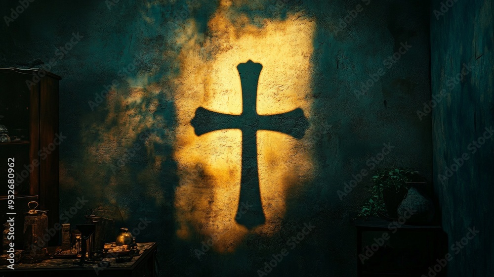 Wall mural Image of a cross made from shadows on the wall from objects in the foreground Wall.