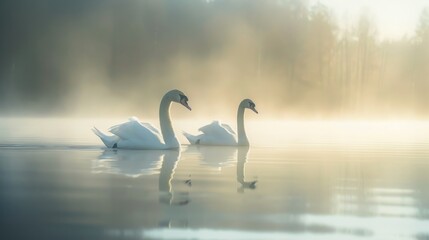 Fototapeta premium A serene morning on a misty lake with swans peacefully gliding through the fog, creating a mystical and calming atmosphere.