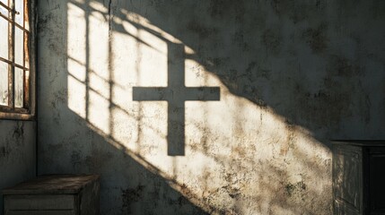 Image of a cross made from shadows on the wall from objects in the foreground Wall.