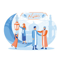 Mother and daughter put up lanterns. Muslim men shake hands with each other. Ramadan Kareem concept. Flat vector illustration.