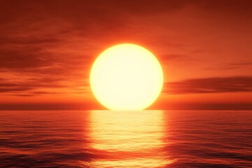 3D Rendering of a Red Sunset Over the Sea with Orange Sky and Reflections, Evoking Tranquility and Serenity