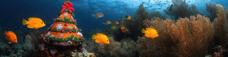 Obraz premium Vibrant Underwater Scene of a Decorated Christmas Tree Surrounded by Bright Yellow Fish and Coral Reefs, Celebrating Marine Holiday Spirit