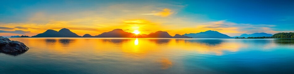 Obraz premium Panoramic Sunrise Over Island with Mountains in Thailand Reflecting Vibrant Colors on Calm Waters, Peaceful Natural Beauty Scene