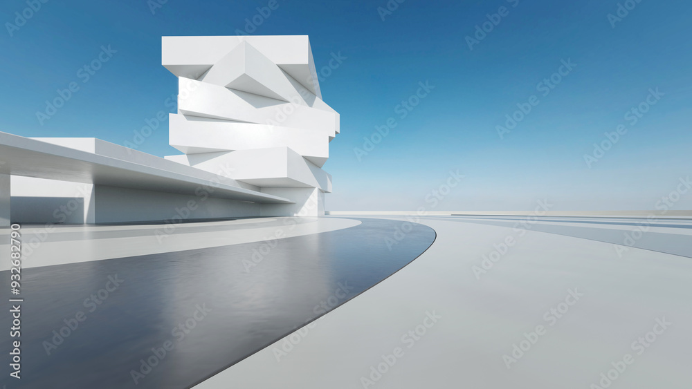 Wall mural 3d render of abstract modern architecture with empty concrete floor, minimal white exterior, car pre