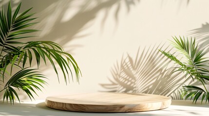 Obraz premium 4. Wooden circular platform as product display stand, soft palm leaf shadows, tropical aesthetic, minimalist setup, soft white background, natural textures, clean composition, rustic wood grain,
