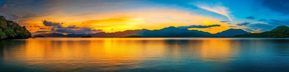 Obraz premium Panoramic Sunrise Over Island with Mountains in Thailand Reflecting Vibrant Colors on Calm Waters, Peaceful Natural Beauty Scene
