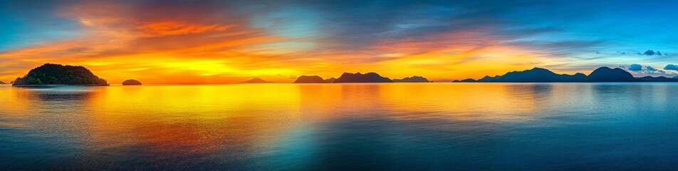 Fototapeta premium Panoramic Sunrise Over Island with Mountains in Thailand Reflecting Vibrant Colors on Calm Waters, Peaceful Natural Beauty Scene