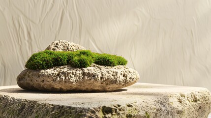 4. Product display on flat stone platform with vibrant green moss, rough rock texture, beige background, minimalist composition, earthy tones, organic shapes, zen garden look, nature-inspired setup,