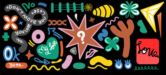 Naive cute abstract shapes sticker pack. Fun funky flowers, bubbles, stars, circles, eyes typography in trendy retro 90s cartoon style