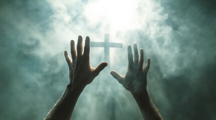 Image of Jesus' hands rising from the grave and a bright background, heaven and the cross.
