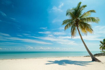 Fototapeta premium Serene Beach with Palm Tree, Clear Blue Sky, and Calm Ocean Waves, Capturing the Essence of Tranquil Summer Relaxation