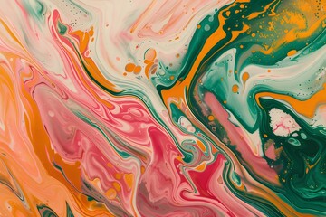 An abstract background with swirling patterns of pink, orange and green paint, resembling the colors found in marble