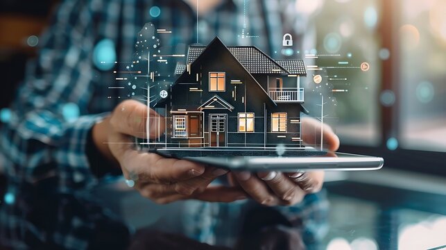 person holding a tablet with a 3D model of a smart home, showcasing modern home automation and technology. - Powered by Adobe