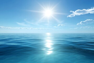 Fototapeta premium Serene Ocean with Clear Blue Waters and Bright Sunlight, Reflecting Light on the Horizon with Scattered White Clouds