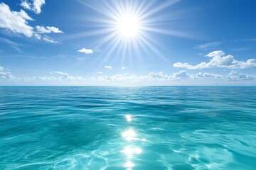 Serene Ocean with Clear Blue Waters and Bright Sunlight, Reflecting Light on the Horizon with Scattered White Clouds