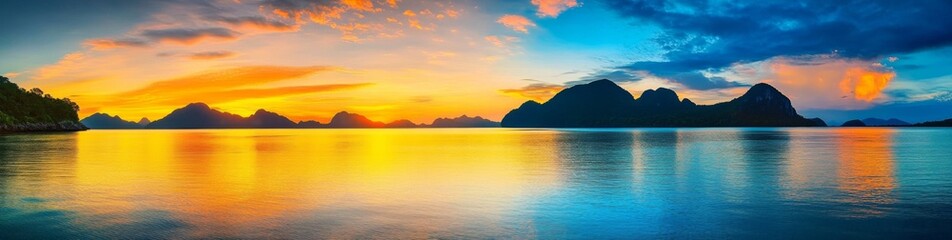 Obraz premium Panoramic Sunrise Over Island with Mountains in Thailand Reflecting Vibrant Colors on Calm Waters, Peaceful Natural Beauty Scene