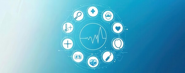 Abstract blue circular pattern with medical icons, healthcare network theme
