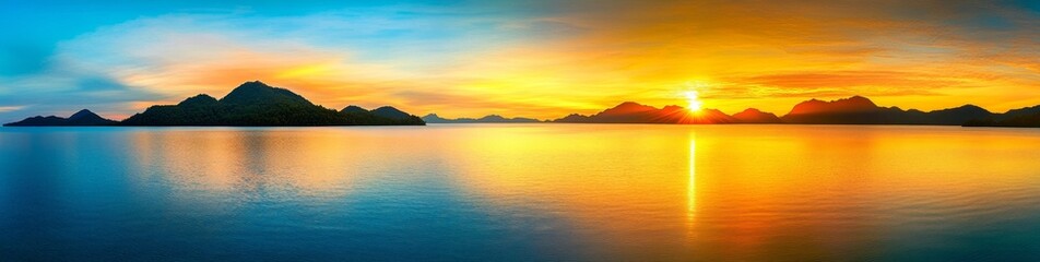 Fototapeta premium Panoramic Sunrise Over Island with Mountains in Thailand Reflecting Vibrant Colors on Calm Waters, Peaceful Natural Beauty Scene
