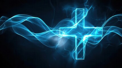 Obraz premium Abstract blue wave patterns forming a medical cross, healthcare and wellness