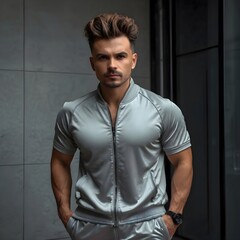 Obraz premium muscular man in a light gray shirt, casual and sporty fashion, confident pose with a stylish studio setup ideal for lifestyle content