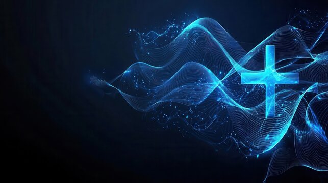 Abstract blue wave patterns forming a medical cross, healthcare and wellness