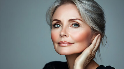 Naklejka premium Elegant portrait of a mature woman with silver hair and soft makeup.