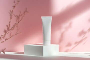 A white tube stands elegantly on a pedestal against a soft pink backdrop, enhanced by delicate shadows and floral elements
