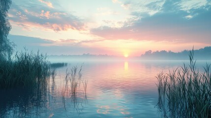 Obraz premium Tranquil Lake Sunrise with Fog and Reeds