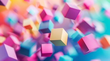 Abstract design featuring colorful, floating cubes of various sizes drifting against a gradient background