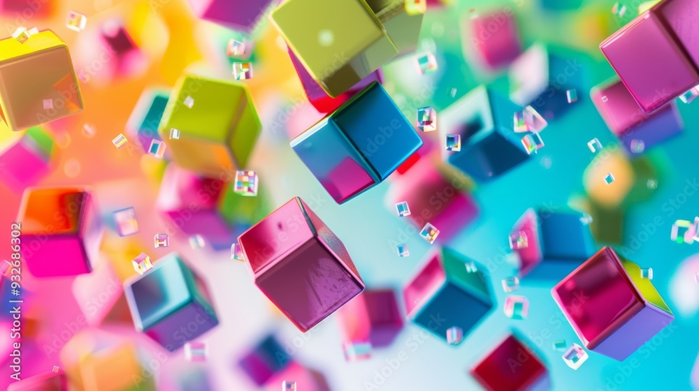 Poster Abstract design featuring colorful, floating cubes of various sizes drifting against a gradient background
