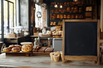 A blank blackboard stands next to a display of freshly baked pastries inside a warm and inviting bakery