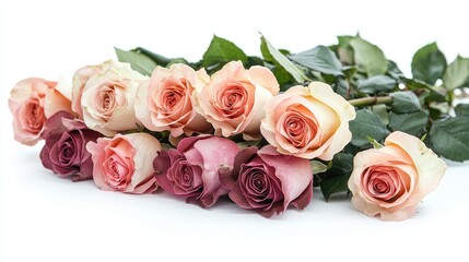 Close Up of Pink Roses with Green Leaves on White Background